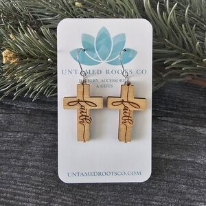 Wooden Cross Earrings With Faith Engraving